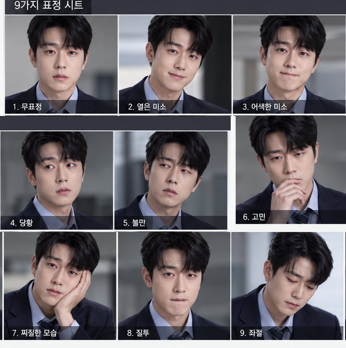 AI로 생성한 한 인물의 무표정, 미소, 당황, 고민, 좌절 등 9가지 표정을 정리한 표정 시트